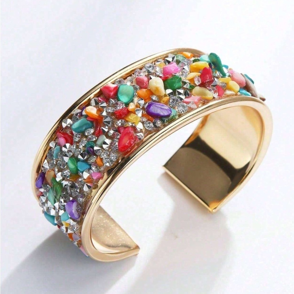 Colorful Gemstone Gold Cuff Bangle - Picture 5 of 5